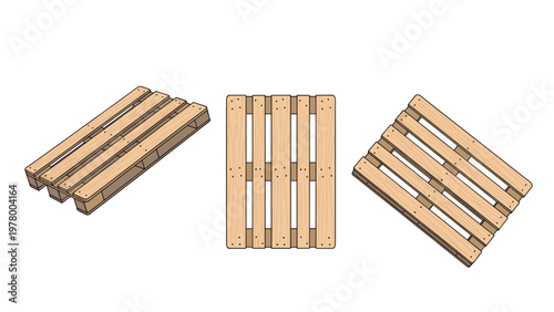Set of industrial wooden pallets shown from different angles for shipping, logistics, and warehouse storage solutions in a realistic style.