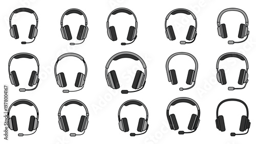 Collection of modern audio headsets and gaming headphones with microphones shown in grey and black for communication and sound.