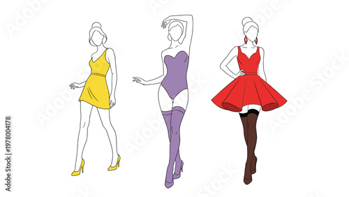 Stylish line art of women posing in fashionable dresses and leotards with stockings and high heels in a clean minimal drawing style.