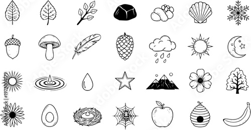 Nature and Environment Black  White Line Art Icons Collection: Hand-drawn Doodle Outline Symbols of Organic Elements, Weather, Plants, Animals, and Food