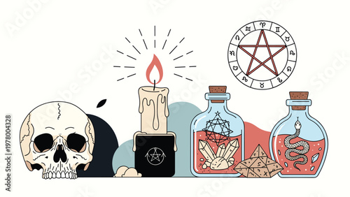 Mystical and occult objects including a skull, ritual candles, magic potions, crystals, and esoteric symbols in a colorful flat style.