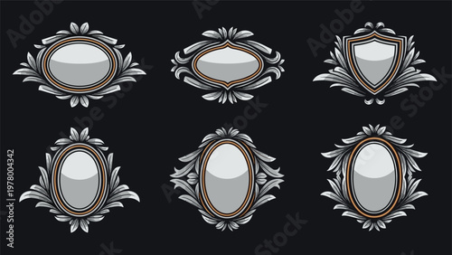 Ornate collection of vintage frames, heraldic shields, and decorative emblems in a detailed metallic engraving style on black.