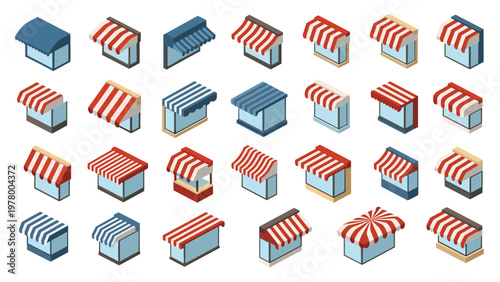 Isometric set of shop stalls and market stands with various striped awnings in red and blue for city street retail design.