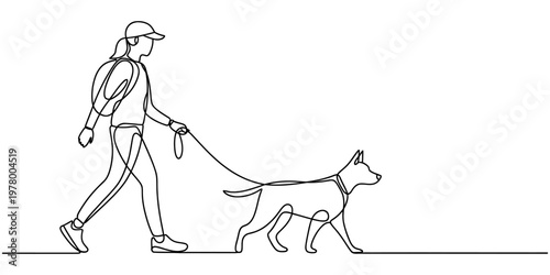 continuous one line drawing Simple vector sketch illustration of a dog silhouette walking on a leash with a person