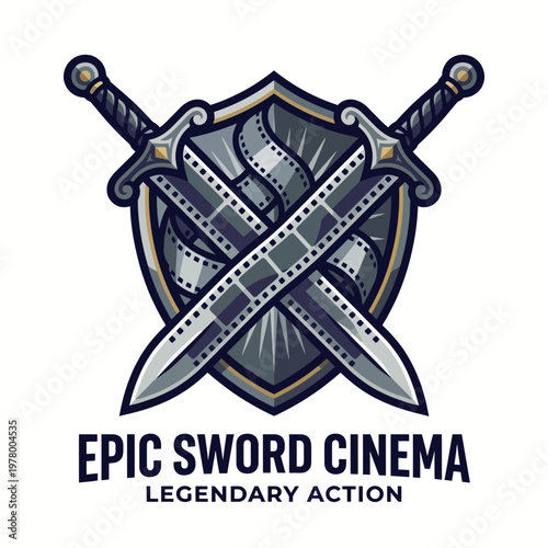This dynamic logo for 'Epic Sword Cinema' combines crossed swords and a shield, capturing the essence of legendary action and cinematic adventure in film.