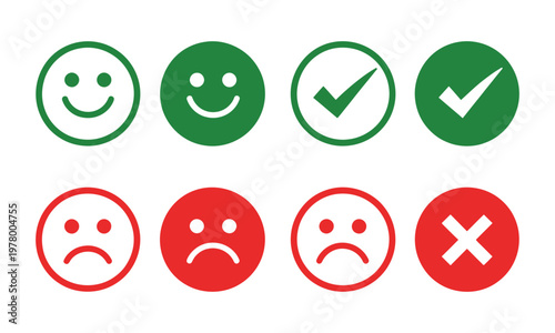 Icon circle face emotions right and wrong, smiley faces with approval and disapproval marks, round yes and no buttons vector graphic, flat design illustration