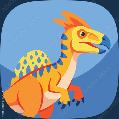 A colorful cartoon illustration of a prehistoric spinosaurus dinosaur character.