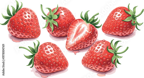 Ripe red strawberries one cut in half illustrated on white background strawberry illustration vitamins background wildlife beverage abstract architecture building business celebrity