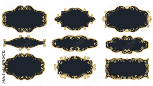 Collection of elegant vintage labels and frames with ornate golden borders on a dark blue background perfect for luxury product packaging.