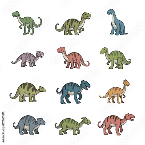 Collection of various colorful cartoon dinosaur species in set.