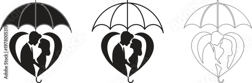 A Cute Romantic Couple Under Umbrella Heart Shape Silhouette set 
