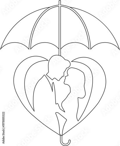 Romantic Couple Under Umbrella Heart Shape Outline Vector Design 