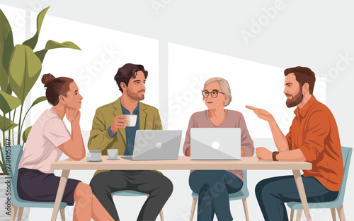Four diverse individuals engaging in a dynamic business discussion around a table with open laptops and beverages