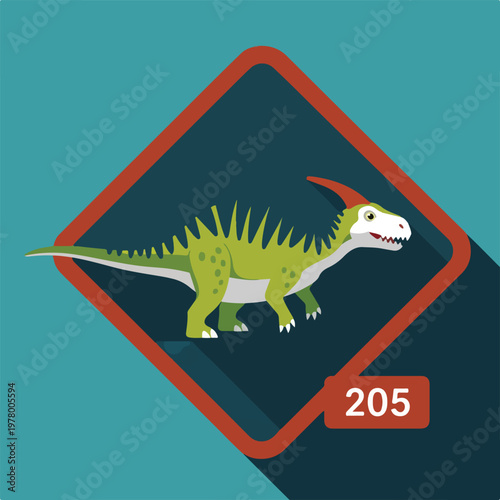 Cartoon green dinosaur with a crest and spikes standing in a diamond frame.