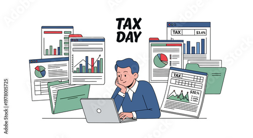 An illustration of a person completing their financial paperwork taxes and tax return concept using a laptop surrounded by graphs and documents, against a white background in a flat, modern