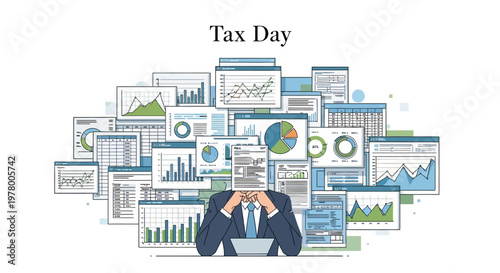 On tax day, an illustration presents a person overwhelmed with financial paperwork, numerous charts, and graphs symbolizing tax return concepts against a clean white backdrop, in a flat lay