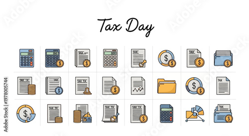A flat lay of tax day illustrations featuring icons representing tax preparation, income tax, and financial documents against a clean white background, conveying a concept of financial