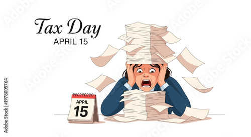 An illustration shows a person overwhelmed with financial paperwork and tax forms on tax day, with a calendar marking April 15th and a huge stack of documents against a white background