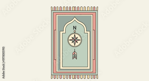 Islamic prayer rug illustration with compass and North direction indicator in pastel colors on beige background