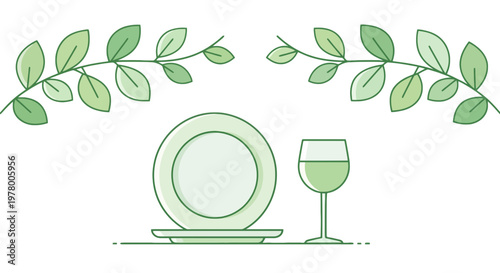 Minimalist illustration of a plate setting with leafy green accents featuring a white plate and wine glass in simple vector style