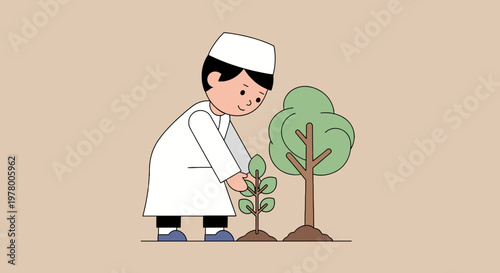 Muslim boy planting a small tree sapling next to a growing tree in simple cartoon illustration against beige background