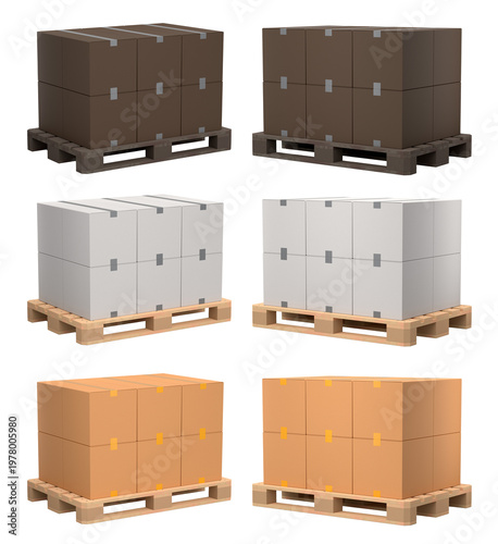 Set of wooden pallet for warehouse cargo storage with cardboard boxes on white