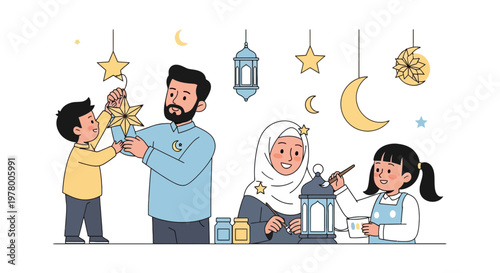 Muslim family decorates for Ramadan with lantern and stars in cartoon style. Father mother son and daughter prepare for the holiday.