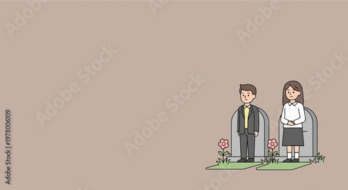 Sad couple standing in front of tombstones with flowers minimalist cartoon style in beige gray and pink colors at graveyard