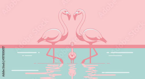 Pair of pink flamingos with heart-shaped necks and a chick wading in pastel teal water minimalist vector style illustration