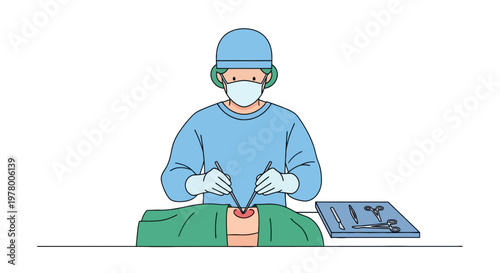 Skilled surgeon performing incision during operation wearing surgical gown and mask illustration in cartoon style