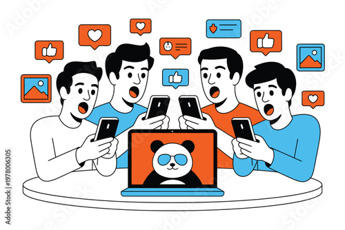 A group of friends excitedly using their phones and laptop with social media icons around them