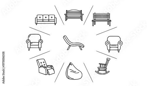 Comfort furniture outline icons set with sofa bench office chair and cozy seating radial geometric vector collection