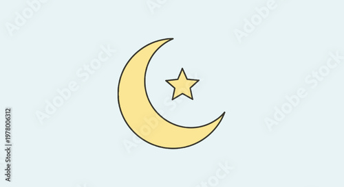 Vector illustration of golden crescent moon and star symbol simple design against a light blue background concept for religious or festive decoration
