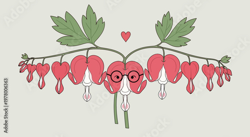 Whimsical bleeding heart flowers illustration with glasses heart shape spring bloom pink and white cute botanical vector art