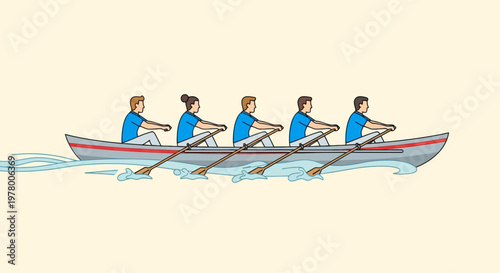 Illustration of a rowing team in a boat with oars on water in a cartoon style team sport concept of teamwork and competition outdoor activity