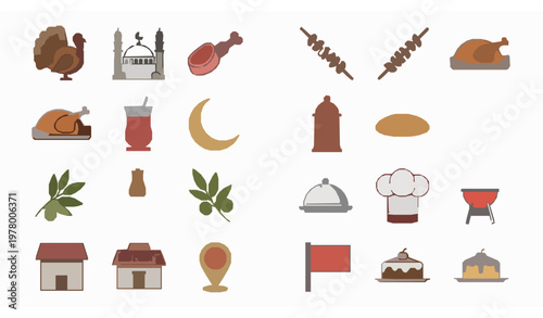 Turkey food and culture icon set with mosque kebab tea chicken and traditional symbols geometric filled outline vector