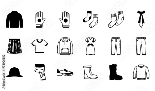 Clothing wear icons set with jacket gloves dress shoes and fashion apparel filled and outline minimal vector collection
