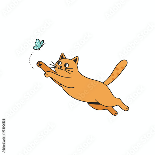 Whimsical illustration of a curious orange cat playfully leaping to catch a delicate blue butterfly, capturing a moment of innocent feline joy and interaction with nature's beauty in a vibrant scene