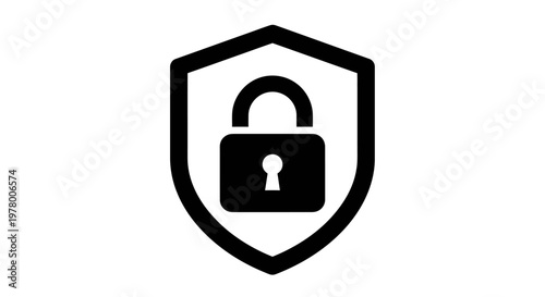 A solid black lock icon with a shield protects a keyhole in a secure environment.