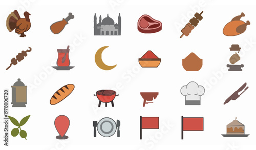 Modern Turkey icons set with kebab mosque tea chicken and cultural food symbols bold filled and outline vector style