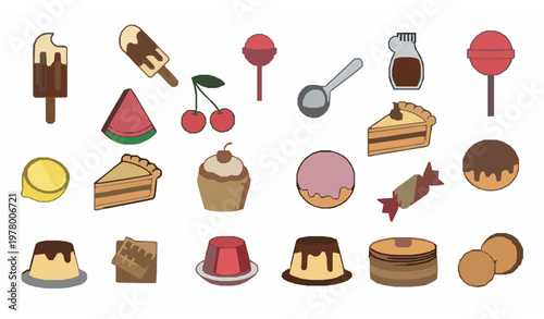 Modern dessert icons with ice cream lollipop cake pie and sweet food symbols bold filled and outline vector style