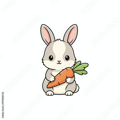 A delightful and adorable cartoon rabbit illustration, featuring a sweet bunny character happily holding a fresh orange carrot, perfect for children's designs and playful animal graphics
