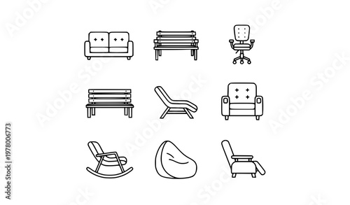 Comfortable seating outline icons set with sofa bench office chair and lounge furniture minimal vector collection