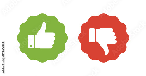 Thumbs up and thumbs down label icons, flat stamp vector set, “I like it” and “I don’t like it,” Do’s and Don’ts, good and bad choice voting buttons with hand, vector illustration.