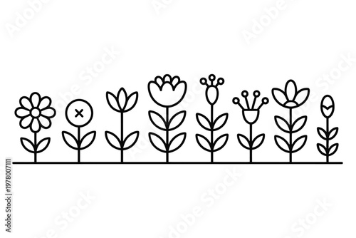 A simple line drawing of various flowers growing in a row in the ground