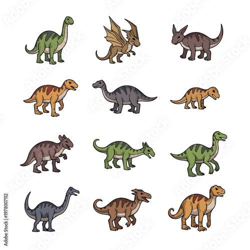 Collection of various colorful dinosaur species illustrated in a cartoon style.