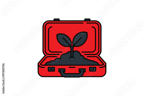 A red suitcase with a small plant growing out of the soil inside it.
