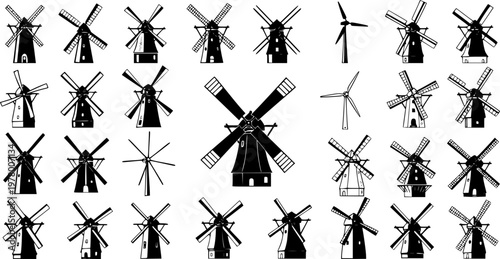 Collection of traditional Dutch windmills and modern wind turbines in black and white silhouette illustrations, showcasing various designs and styles for energy and power concepts.