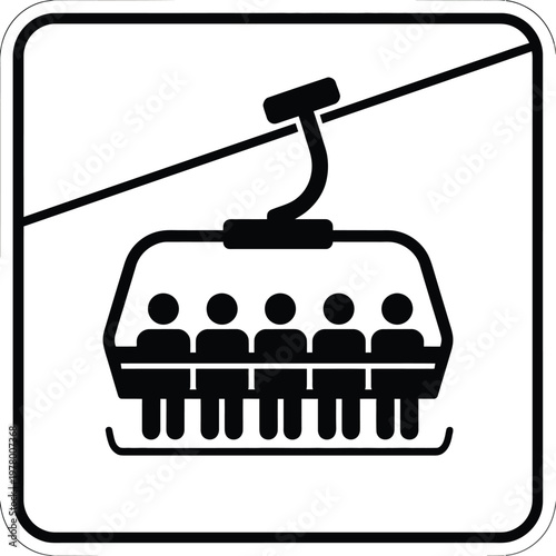 Chairlift ski lift sign symbol, 4 person chairlift icon representing cable car transport in ski resort navigation and winter tourism signage design.