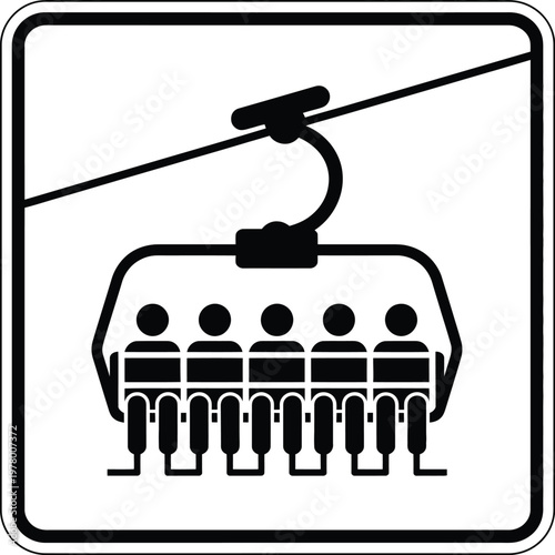 Chairlift ski lift sign symbol, minimalist icon of 4 seat chairlift for alpine resort signage winter sports navigation and mountain transport graphics.